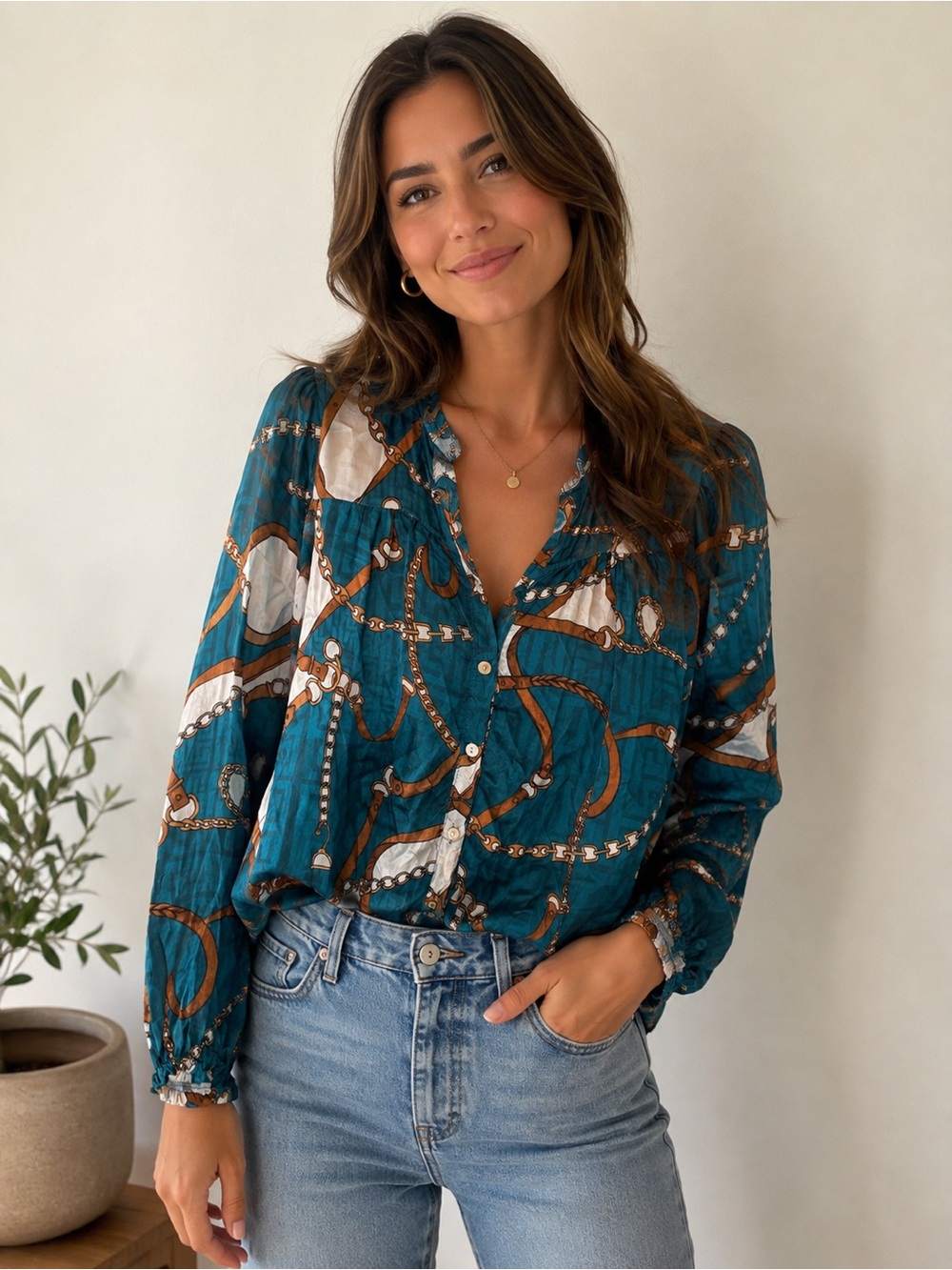Astrid Teal Chain-Print Button-Front Blouse